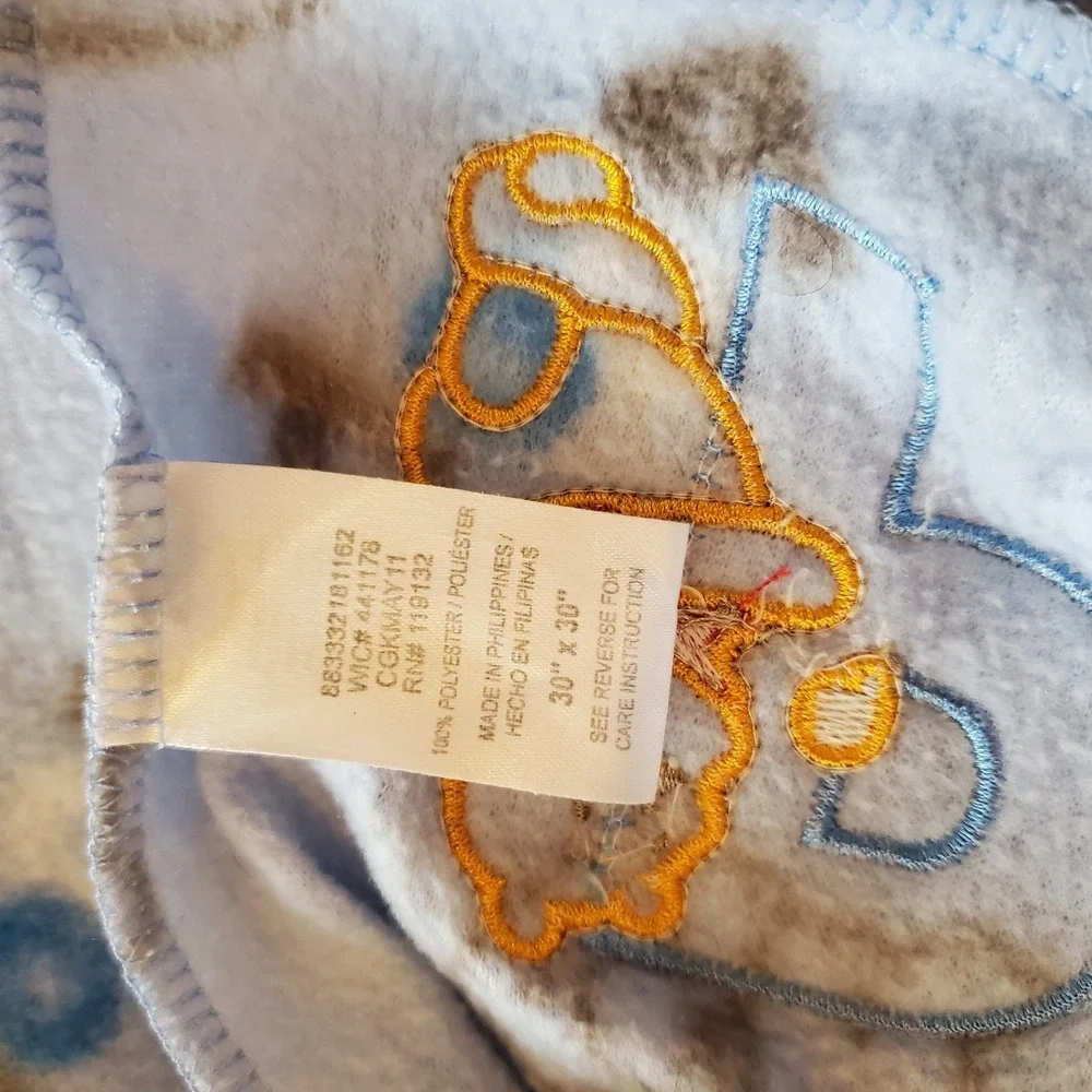 Disney Pooh Baby Blanket Blue Fleece Brown White P Appliqué Faces P O O H‎